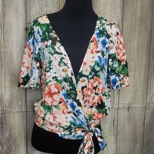 Womens Zara Floral Blouse Sz S Wrap V Neck